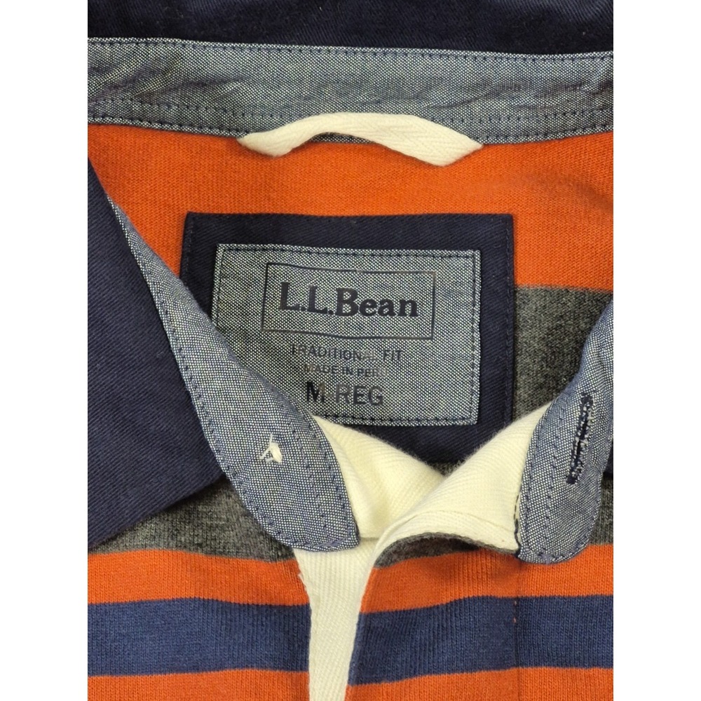 Vintage LL Bean Shirt Mens Medium Orange Gray Rugby Striped Polo Cotton 90s - Picture 3 of 8